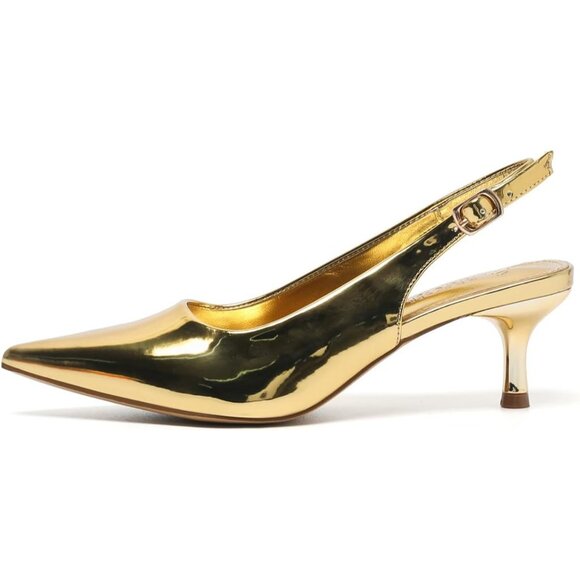 Amoji Women Gold-pu Polyurethane Low Kitten Heel Slingback Pointed Toe Sandals - Picture 2 of 8
